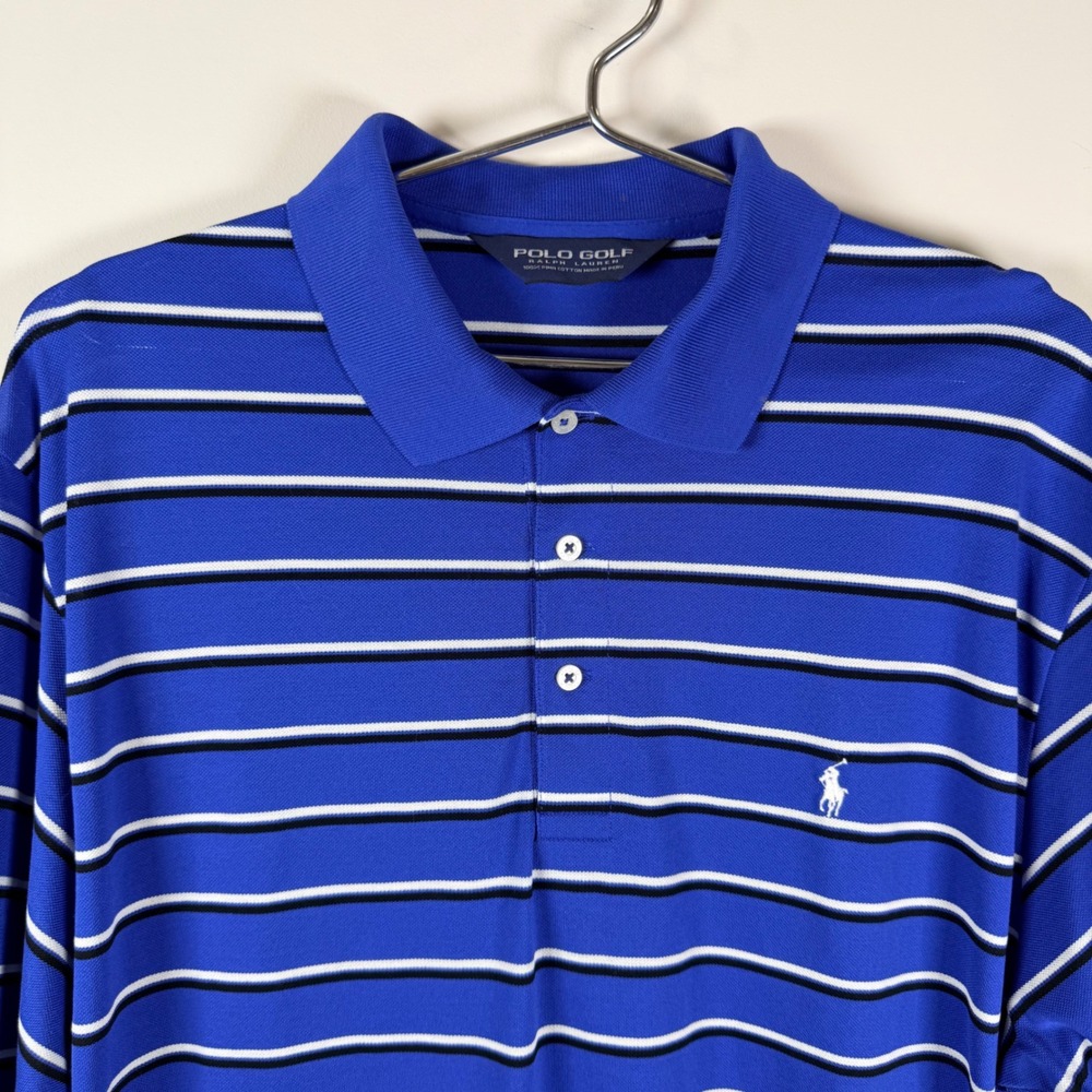 Polo Golf Ralph Lauren Mens Large Blue Striped Pima Cotton Polo Shirt Defects